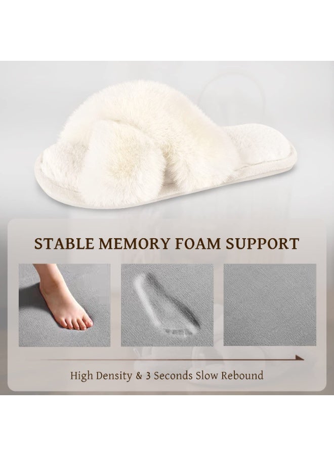 Womens Cross Band Slippers Cozy Furry Fuzzy House Slippers Open Toe Fluffy Indoor Shoes Outdoor Slip on Warm Breathable Anti-skid Sole - Image 4