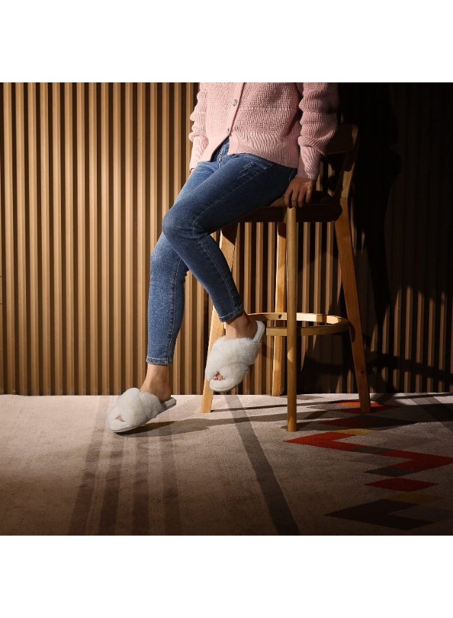 Womens Cross Band Slippers Cozy Furry Fuzzy House Slippers Open Toe Fluffy Indoor Shoes Outdoor Slip on Warm Breathable Anti-skid Sole - Image 3