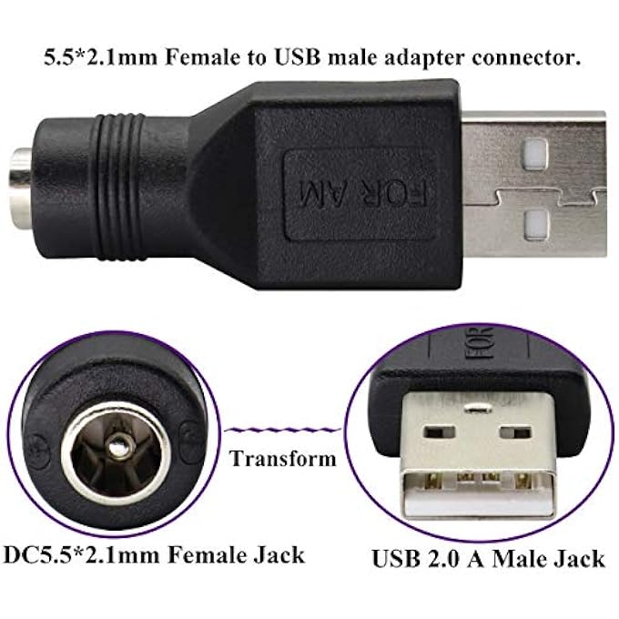 rayihni USB 2.0 A MALE TO DC 5.5X2.1MM DC CONNECTOR CHARGE BARREL JACK POWER ADAPTER USB 5V CONNECTOR, (MAX 2.5 AMPERE POWER ADAPTER) FOR DC OR USB CHARGING DEVICE (2PACK/USB 2.0 A) - Image 3