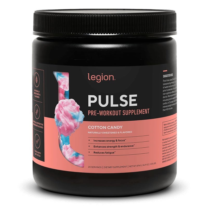 Legion Athletics Pulse Pre-Workout Supplement Cotton Candy Naturally Sweetened & Flavored Increases Energy & Focus Enhances Strength & Endurance Reduces Fatigue 20 Servings Dietary Supplement Net Wt 482 g / 17.0 oz / 1.06 lbs - Image 1