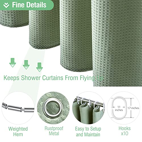 Dynamene 60 inch Stall Shower Curtain - Waffle Weave Heavy Duty Thick Fabric Shower Curtains for Bathroom,Weighted Hotel Spa Luxury Cloth Bath Curtain Set with 10 Plastic Hooks,60x72, Sage Green - Image 5