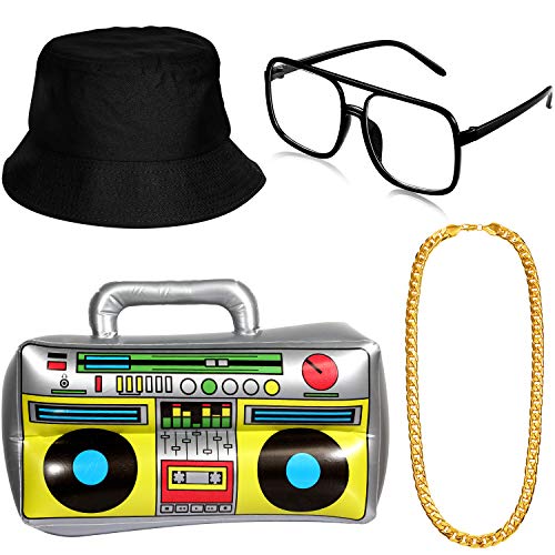 meekoo Halloween 80s/ 90s Hip Hop Costume Kit Rapper Bucket Hat Sunglasses Gold Chain Cosplay Accessories for Men Theme Party(Black) - Image 1