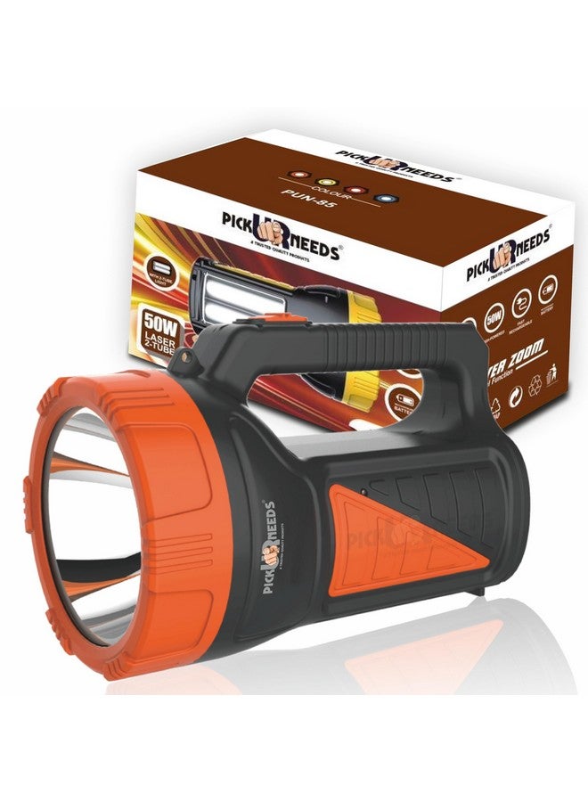 Pick Ur Needs Rechargeable Long Range Search Torch Light 50W with 2 Side Emergency Tube Light (Orange) - Image 1