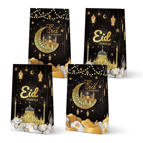 KALEFO 24 PCS Eid Mubarak Favor Gift Bags Ramadan Muslim Party Supplies Goodie Treat Bags for Candy Table Decorations Eid Birthday Celebrations Black - Image 1