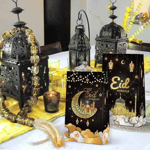 KALEFO 24 PCS Eid Mubarak Favor Gift Bags Ramadan Muslim Party Supplies Goodie Treat Bags for Candy Table Decorations Eid Birthday Celebrations Black - Image 3