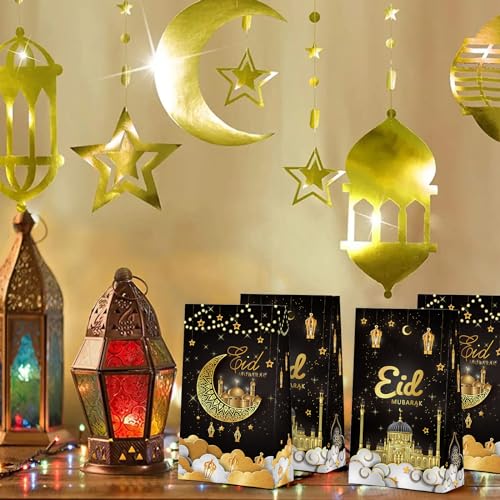 KALEFO 24 PCS Eid Mubarak Favor Gift Bags Ramadan Muslim Party Supplies Goodie Treat Bags for Candy Table Decorations Eid Birthday Celebrations Black - Image 5