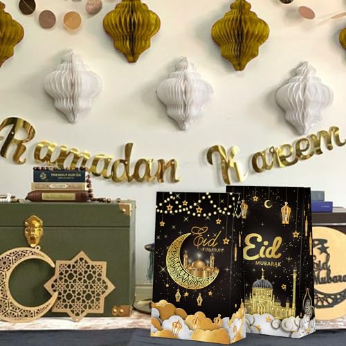 KALEFO 24 PCS Eid Mubarak Favor Gift Bags Ramadan Muslim Party Supplies Goodie Treat Bags for Candy Table Decorations Eid Birthday Celebrations Black - Image 4