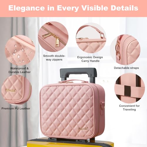 Mocado Travel Makeup Bag with LED Lighted Mirror, Travel Makeup Organizer, Makeup Case with 8 Makeup Brushes and 10x Magnifying Mirror, 3 Color Lighting, Adjustable Divider Makeup Box(Pink Lozenge) - Image 3