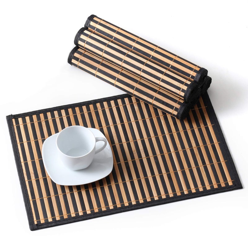 LOVECASA Placemats Set of 6 Bamboo Table Mats Set with Leaf Pattern 18  12 Woven Placemat Washable HeatResistant Place Mats for Kitchen Black Leaf