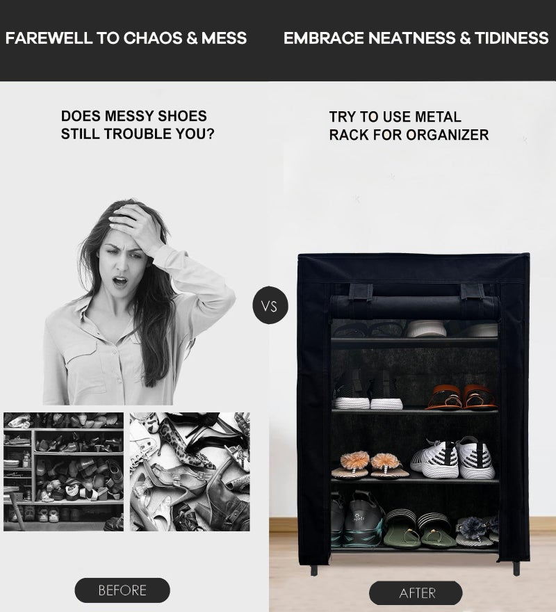 ROBMOB 4 Tier Metal Shoe Rack Collapsible Shoe Organiser with Adjustable Shelves Space Saving Lightweight Racks Foldable Sneaker Footwear Best for Men, Women, Boots, Slippers (Black Cover) - Image 3
