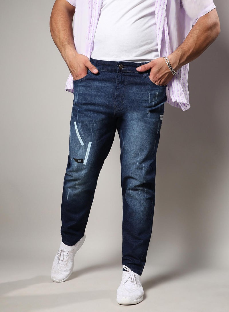 Instafab Plus Men's Navy Blue Minimal Distressed Denim Jeans For Casual Wear | 5 Pockets | Dark-Wash | Button Closure | Denim Jeans Crafted With Comfort With For Everyday Wear - Image 1
