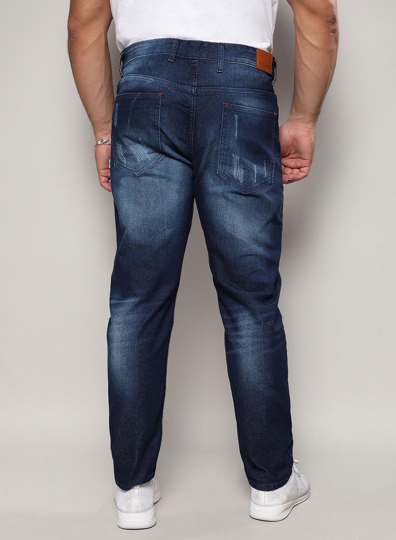Instafab Plus Men's Navy Blue Minimal Distressed Denim Jeans For Casual Wear | 5 Pockets | Dark-Wash | Button Closure | Denim Jeans Crafted With Comfort With For Everyday Wear - Image 5