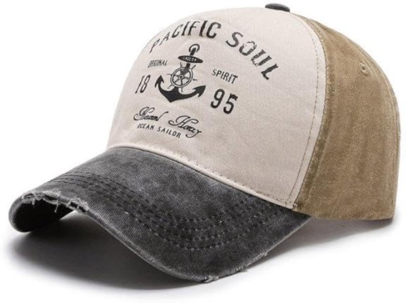 Pacific Soul Baseball Cap, Vintage Distressed Style, Anchor Embroidery, Multi-Color Panel Design, Adjustable
