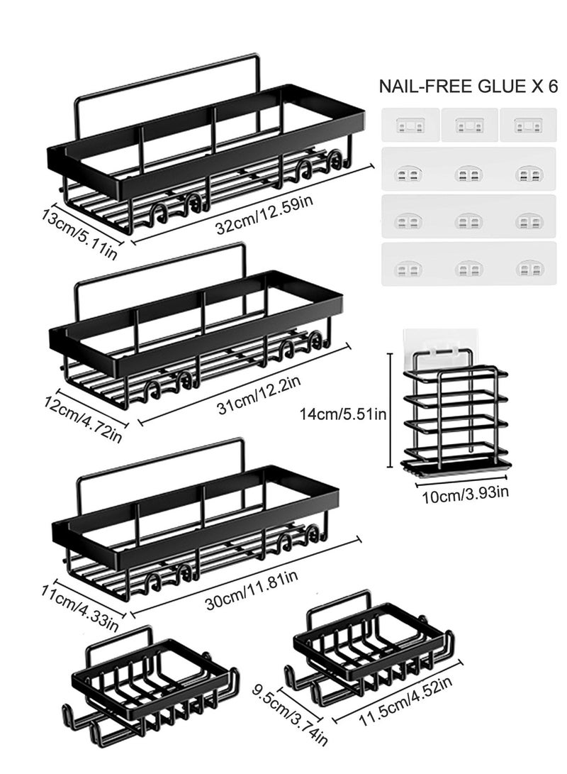 HOMESTAR حامل دش 6 عبوات، رف منظم حمام لاصق، بدون حفر، سعة كبيرة، رف من الفولاذ المقاوم للصدأ مع 4 خطافات، للداخل باللون الأسود - Image 3