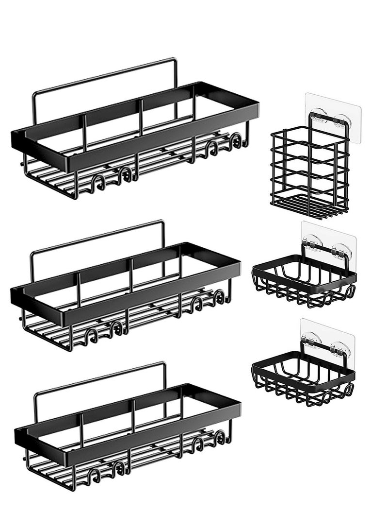 HOMESTAR حامل دش 6 عبوات، رف منظم حمام لاصق، بدون حفر، سعة كبيرة، رف من الفولاذ المقاوم للصدأ مع 4 خطافات، للداخل باللون الأسود - Image 2