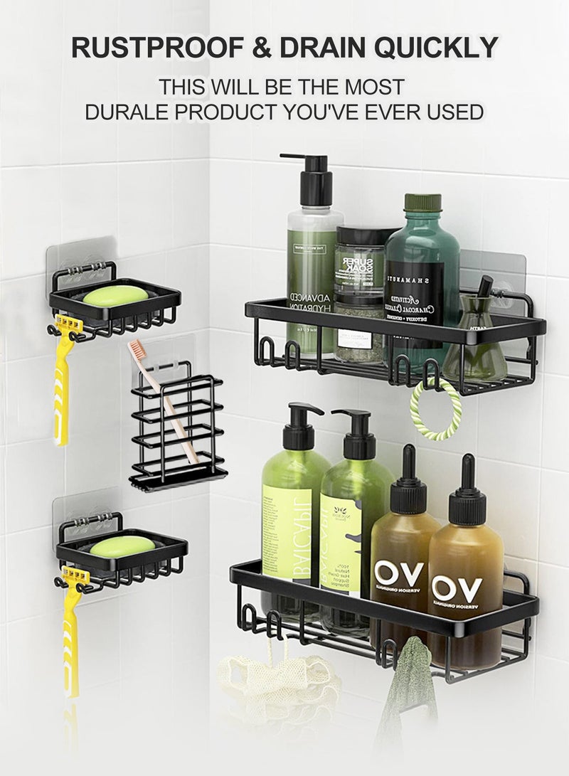 HOMESTAR حامل دش 6 عبوات، رف منظم حمام لاصق، بدون حفر، سعة كبيرة، رف من الفولاذ المقاوم للصدأ مع 4 خطافات، للداخل باللون الأسود - Image 4