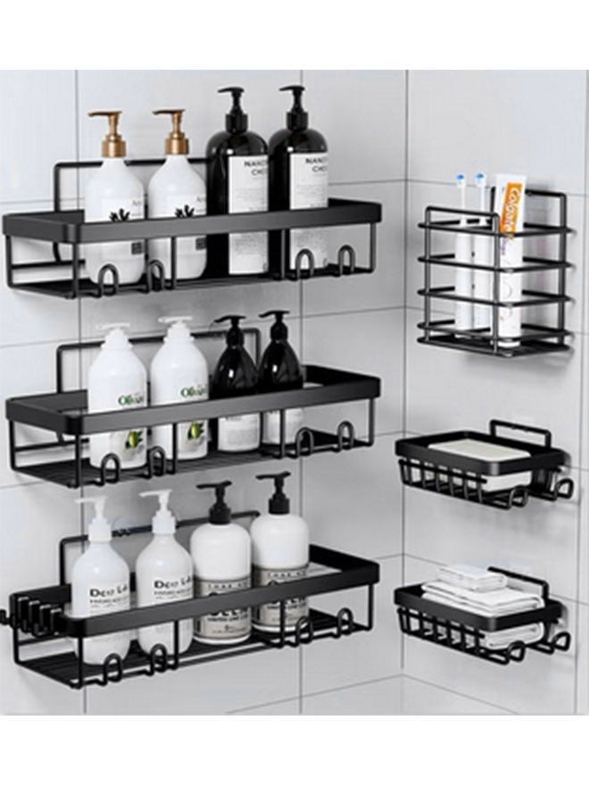 HOMESTAR حامل دش 6 عبوات، رف منظم حمام لاصق، بدون حفر، سعة كبيرة، رف من الفولاذ المقاوم للصدأ مع 4 خطافات، للداخل باللون الأسود - Image 1