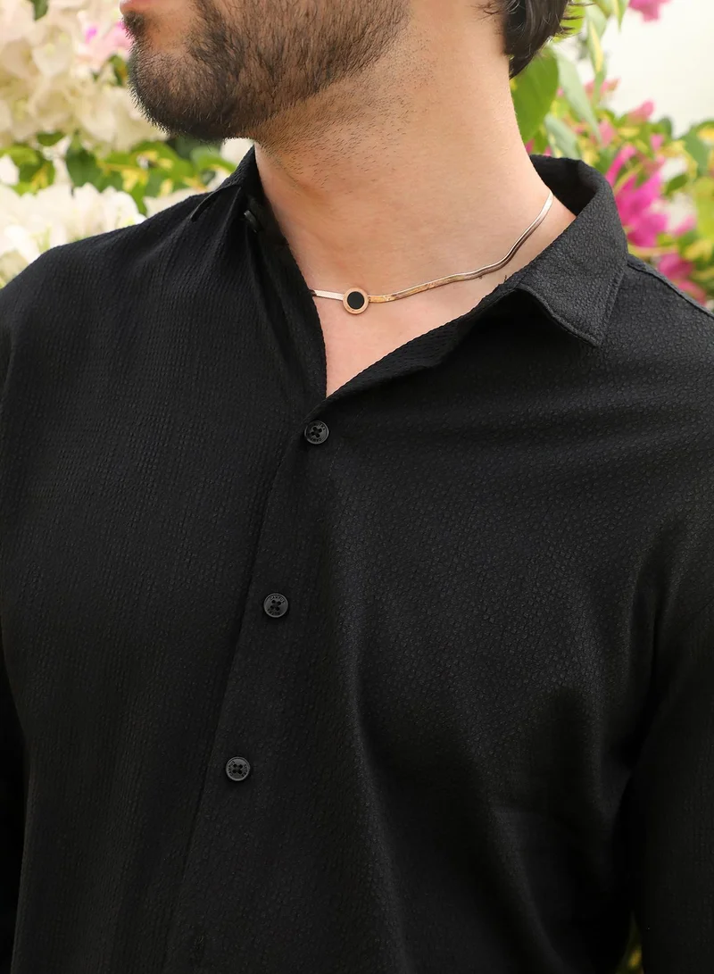 Campus Sutra Men's Midnight Black Embossed Micro Check Shirt