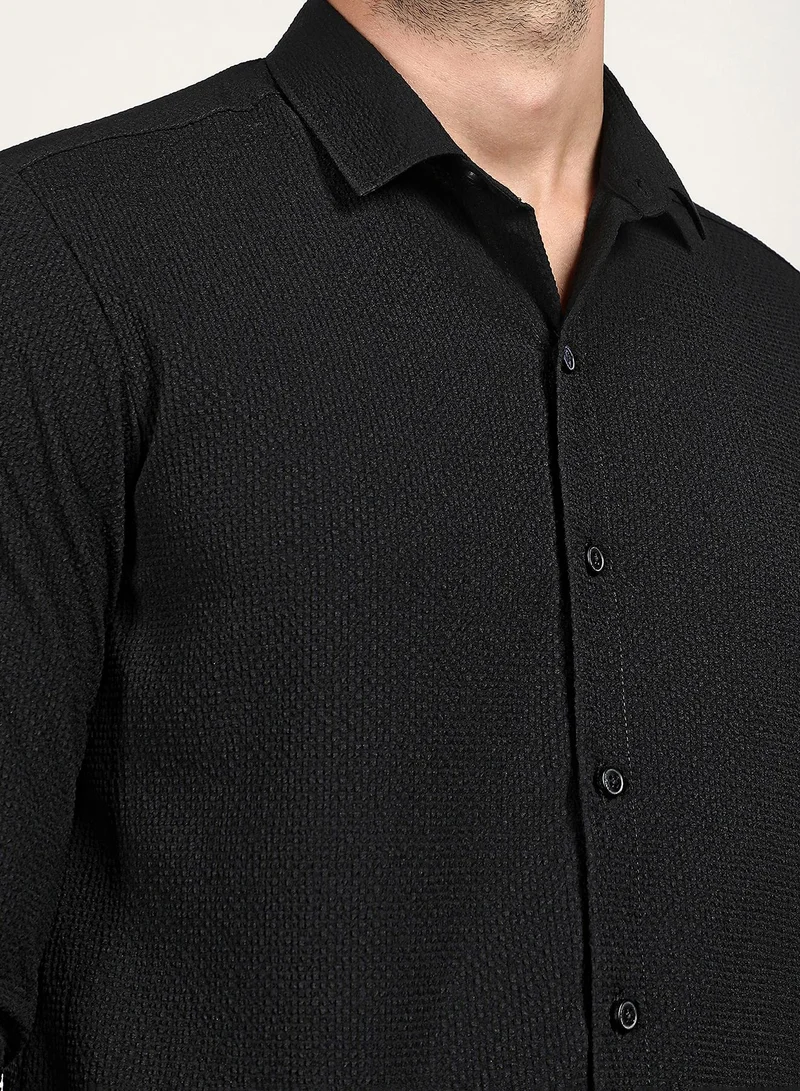 Campus Sutra Men's Midnight Black Embossed Micro Check Shirt