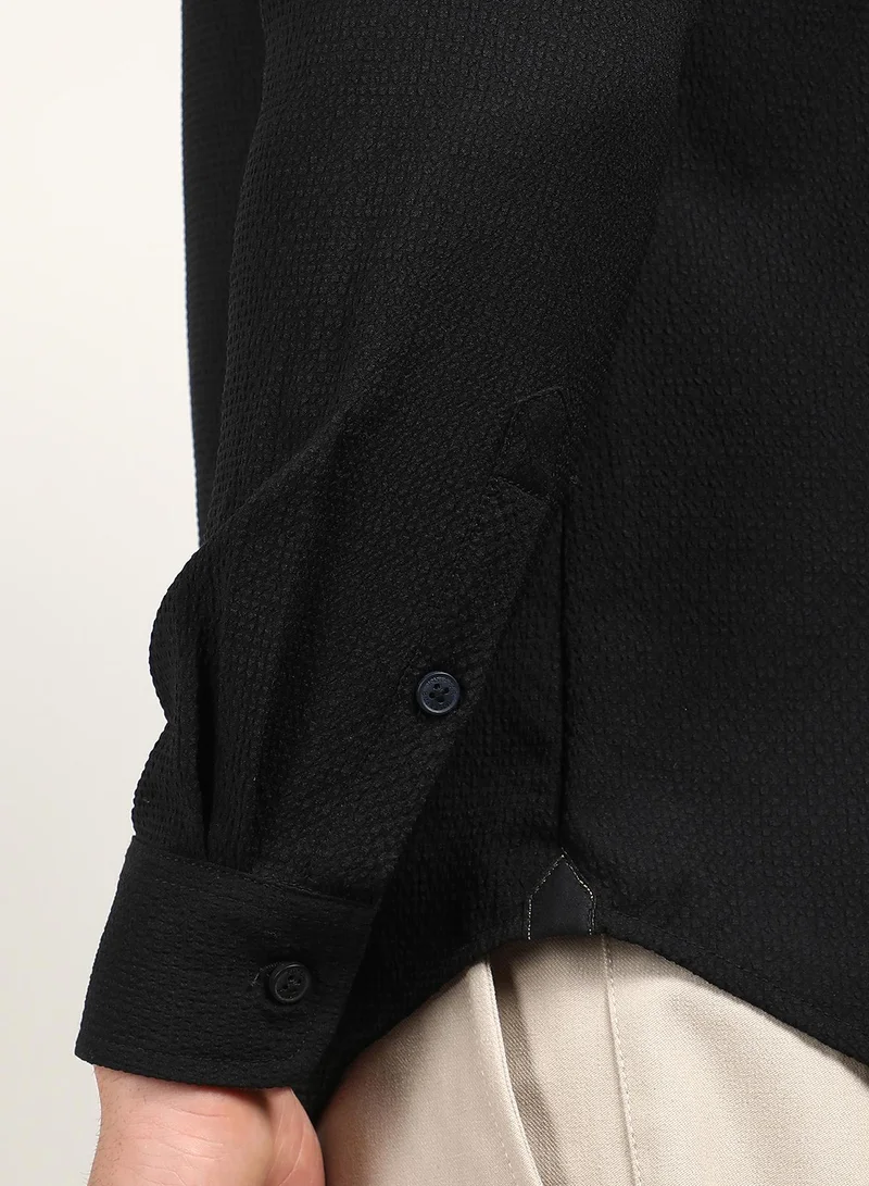 Campus Sutra Men's Midnight Black Embossed Micro Check Shirt