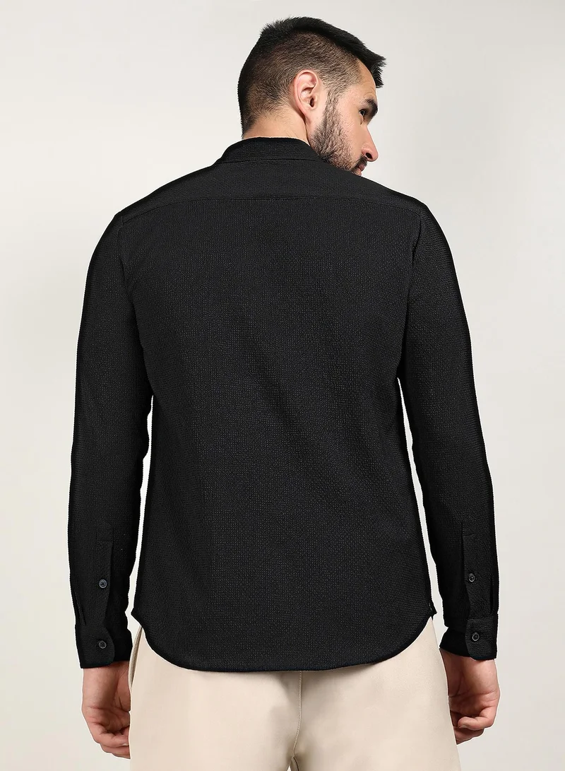 Campus Sutra Men's Midnight Black Embossed Micro Check Shirt