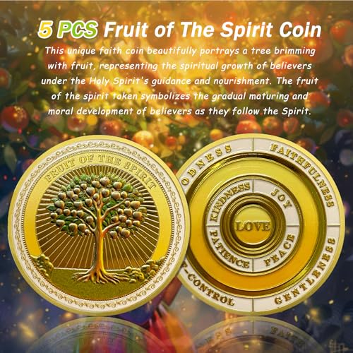 IELCJJ 5pcs Fruit of The Spirit Christian Challenge Coin - Galatians 5:22-23 Jesus Religious Token - Art God Pocket Bible Verses Coins for Study - Good Luck Commemorative Gifts for Men Women Kids - Image 2