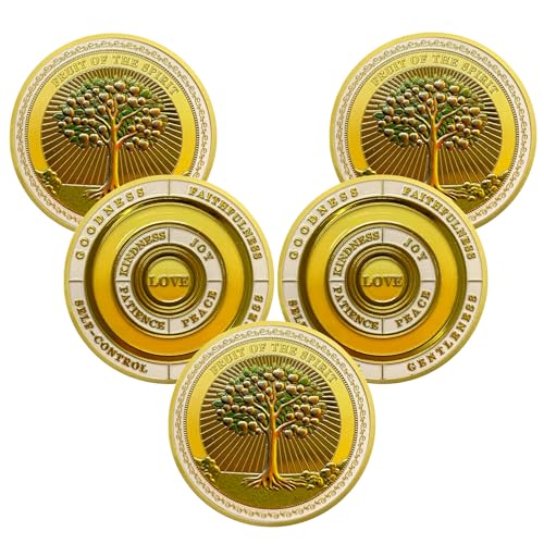 IELCJJ 5pcs Fruit of The Spirit Christian Challenge Coin - Galatians 5:22-23 Jesus Religious Token - Art God Pocket Bible Verses Coins for Study - Good Luck Commemorative Gifts for Men Women Kids - Image 1