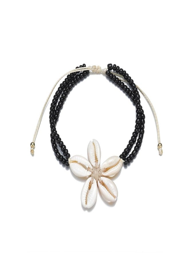 KONPJE Shell Ankle Bracelet for Women Seashell Flower Beaded Anklet Adjustable Rope Ankle Bracelet Beach Floral Seashell Anklet Summer Fashion Jewelry Accessories (black) - Image 1