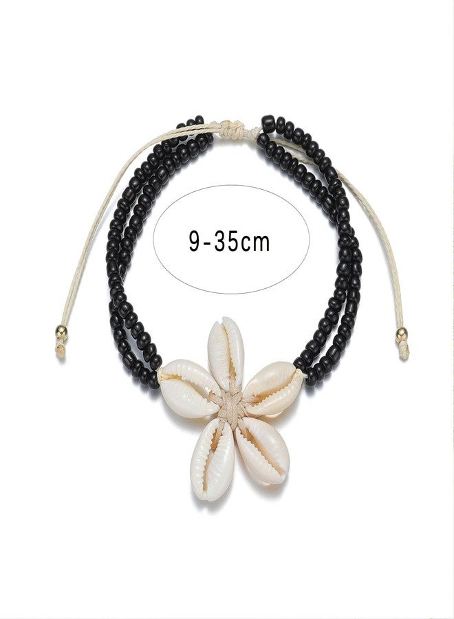 KONPJE Shell Ankle Bracelet for Women Seashell Flower Beaded Anklet Adjustable Rope Ankle Bracelet Beach Floral Seashell Anklet Summer Fashion Jewelry Accessories (black) - Image 3