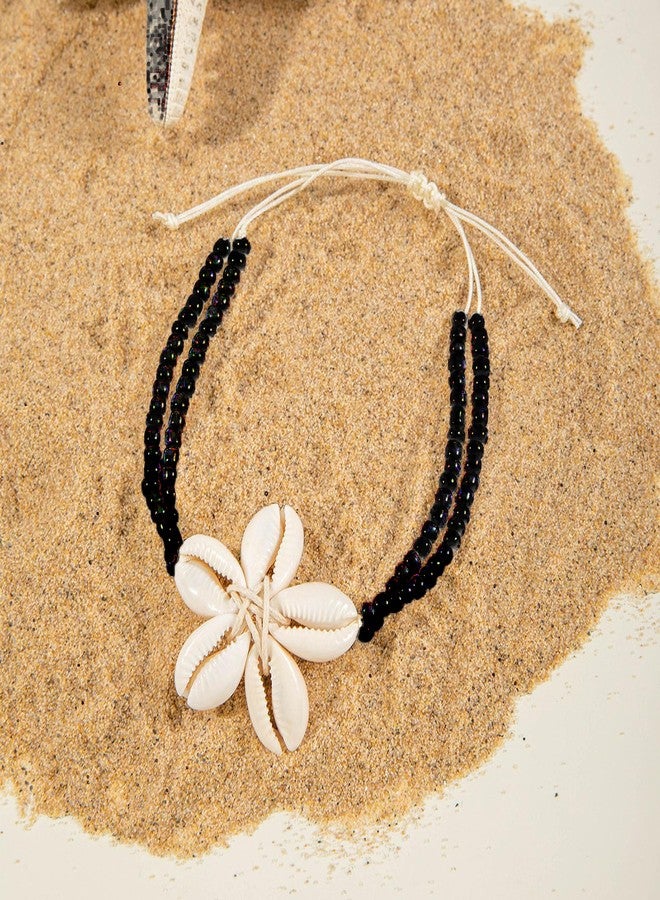 KONPJE Shell Ankle Bracelet for Women Seashell Flower Beaded Anklet Adjustable Rope Ankle Bracelet Beach Floral Seashell Anklet Summer Fashion Jewelry Accessories (black) - Image 4