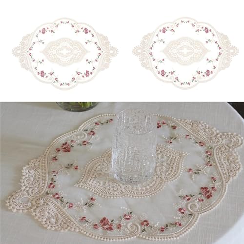 BharatBazaar Dining Table Mats, 2PCS Oval Crochet Table Mats with Lace Trim, Polyester Table Cloth Small for Side Table Cover, Table Runner, Dining Table Decor - Image 1