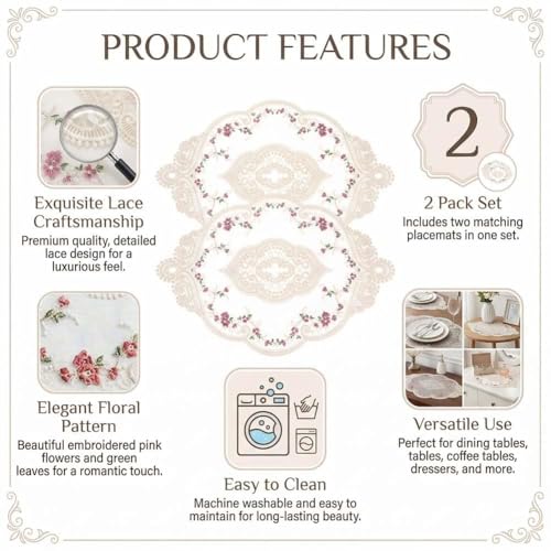BharatBazaar Dining Table Mats, 2PCS Oval Crochet Table Mats with Lace Trim, Polyester Table Cloth Small for Side Table Cover, Table Runner, Dining Table Decor - Image 3