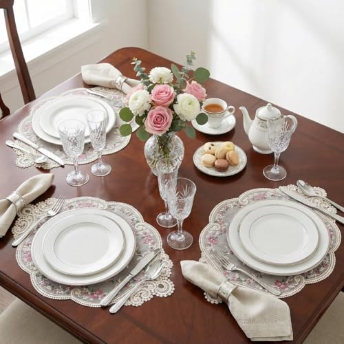 BharatBazaar Dining Table Mats, 2PCS Oval Crochet Table Mats with Lace Trim, Polyester Table Cloth Small for Side Table Cover, Table Runner, Dining Table Decor - Image 4