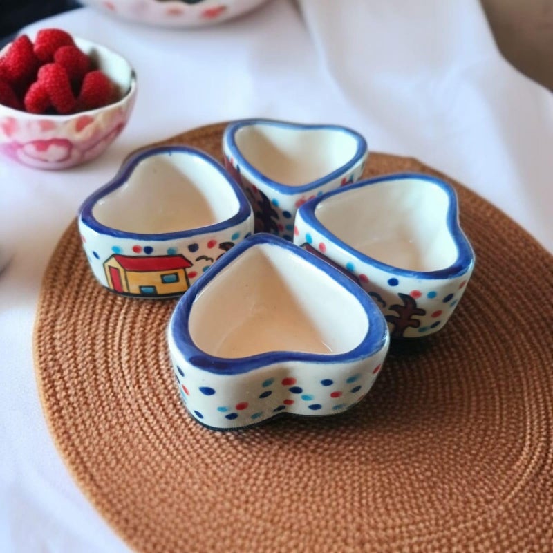 MALAIKAH Ceramic Hut Printed Heart Bowl Chutney Bowls for Serving Dip Bowls (Set of 4, 80 ML, Multicolored, Dishwasher Safe) | Hand Painted Bowls for Kitchen Dining Table Bowl Set - Image 2