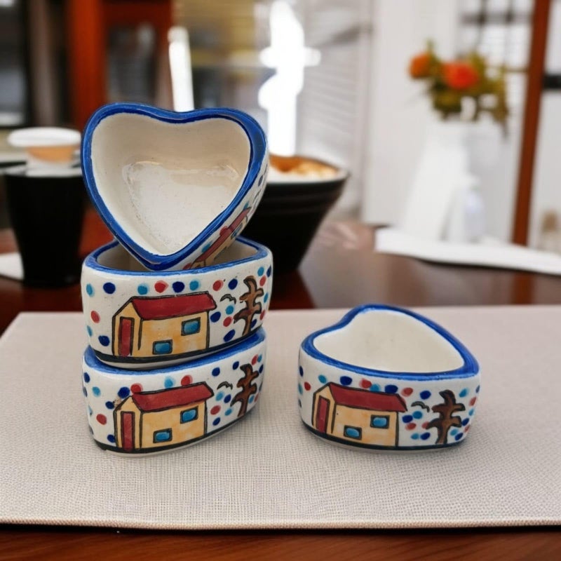MALAIKAH Ceramic Hut Printed Heart Bowl Chutney Bowls for Serving Dip Bowls (Set of 4, 80 ML, Multicolored, Dishwasher Safe) | Hand Painted Bowls for Kitchen Dining Table Bowl Set - Image 4