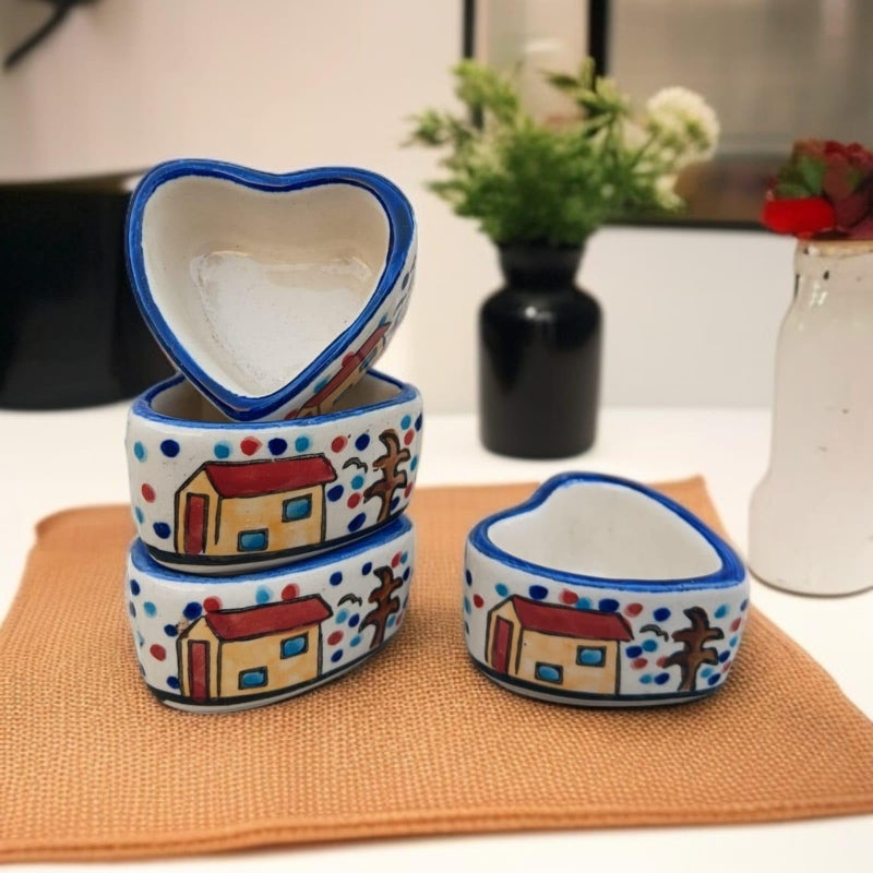 MALAIKAH Ceramic Hut Printed Heart Bowl Chutney Bowls for Serving Dip Bowls (Set of 4, 80 ML, Multicolored, Dishwasher Safe) | Hand Painted Bowls for Kitchen Dining Table Bowl Set - Image 1