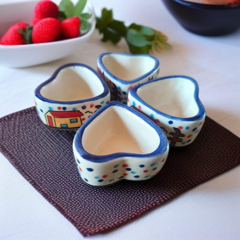 MALAIKAH Ceramic Hut Printed Heart Bowl Chutney Bowls for Serving Dip Bowls (Set of 4, 80 ML, Multicolored, Dishwasher Safe) | Hand Painted Bowls for Kitchen Dining Table Bowl Set - Image 3
