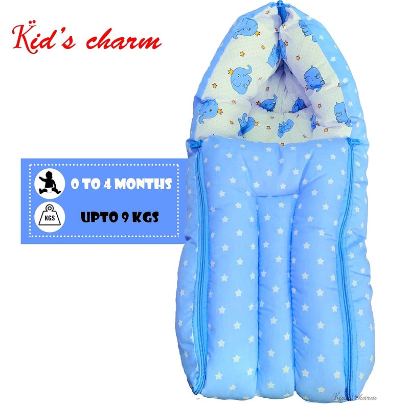 Kid's Charm مجموعة 4 قطع من الفيل الساحر للأطفال 3 في 1 سرير حمل الأطفال 5 في 1 وسادة تغذية الأطفال مع حزام الأمان 2 في 1 قطن الأطفال مع شبكة البعوض 2 في 1 سرير نوم الأطفال لمدة 04 أشهر باللون الأزرق - Image 4