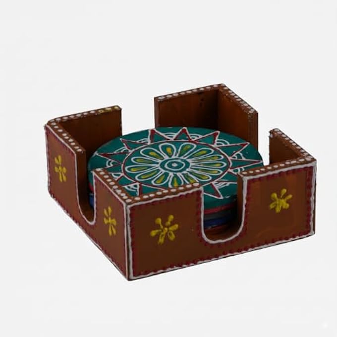 RIGID Handcrafted Tea Coaster Set Of 6  Vibrant Brown Wooden Holder With Colorful Floral Design Stylish  Durable Drink Coasters For Tea Coffee And Home Decor 11 X 11 X 5 - Image 2