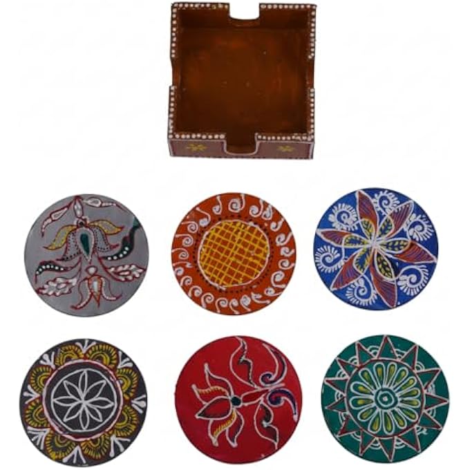 RIGID Handcrafted Tea Coaster Set Of 6  Vibrant Brown Wooden Holder With Colorful Floral Design Stylish  Durable Drink Coasters For Tea Coffee And Home Decor 11 X 11 X 5 - Image 3