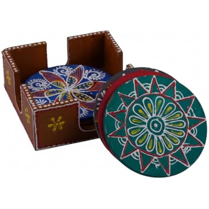 RIGID Handcrafted Tea Coaster Set Of 6  Vibrant Brown Wooden Holder With Colorful Floral Design Stylish  Durable Drink Coasters For Tea Coffee And Home Decor 11 X 11 X 5 - Image 1