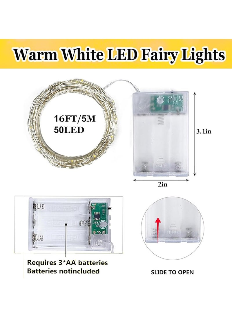 تشوسيسونج 50 مصباح LED لإضاءة عيد الفطر، أضواء خرافية بطول 5 أمتار، سلك فضي، تعمل بالبطارية، وضعان، لتزيين المنزل في حفلات العيد (أبيض دافئ) - Image 5