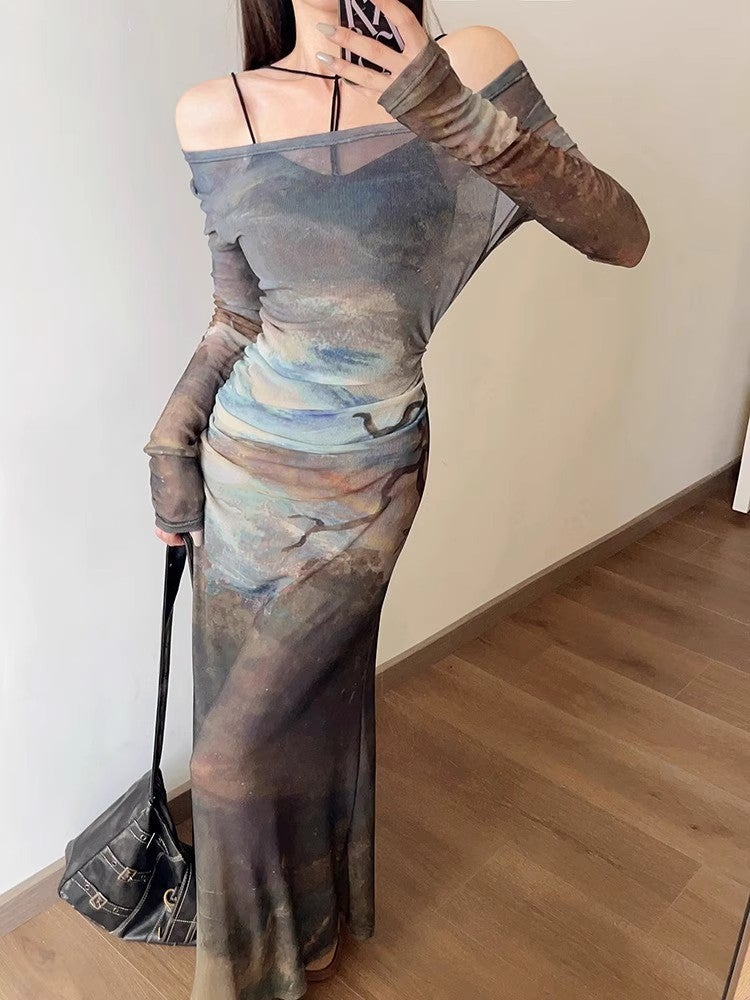 Hot Girls High-end Sense Oil Painting Mesh dress Womens Spring Elegant Split Long Dress Slimming Slip Skirt Two-piece Set Picture color + sling
