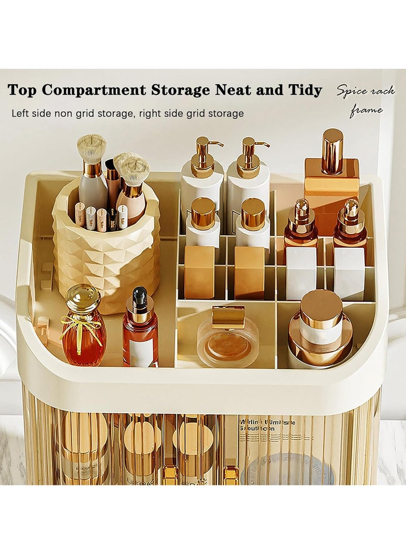 آي هوم شوب صندوق تخزين مستحضرات التجميل ثلاثي الطبقات حقيبة مكياج كبيرة السعة حاوية تخزين مستحضرات التجميل منظم مكتبي ببابين صندوق تخزين متعدد الوظائف كريمي أصفر - Image 5