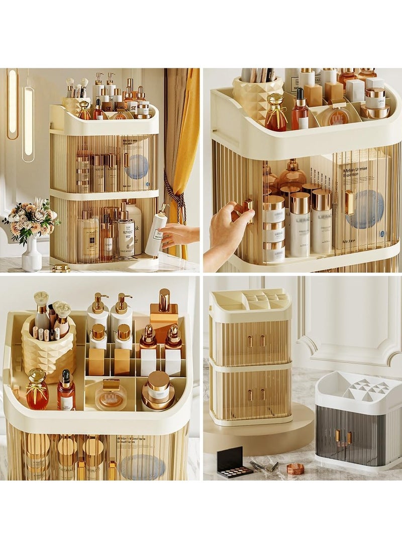 آي هوم شوب صندوق تخزين مستحضرات التجميل ثلاثي الطبقات حقيبة مكياج كبيرة السعة حاوية تخزين مستحضرات التجميل منظم مكتبي ببابين صندوق تخزين متعدد الوظائف كريمي أصفر - Image 3