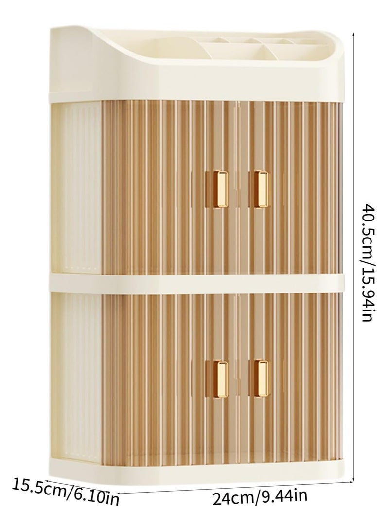 آي هوم شوب صندوق تخزين مستحضرات التجميل ثلاثي الطبقات حقيبة مكياج كبيرة السعة حاوية تخزين مستحضرات التجميل منظم مكتبي ببابين صندوق تخزين متعدد الوظائف كريمي أصفر - Image 2