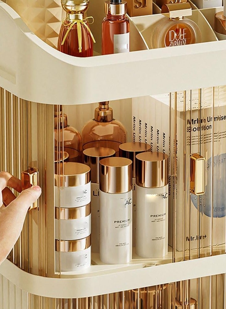 آي هوم شوب صندوق تخزين مستحضرات التجميل ثلاثي الطبقات حقيبة مكياج كبيرة السعة حاوية تخزين مستحضرات التجميل منظم مكتبي ببابين صندوق تخزين متعدد الوظائف كريمي أصفر - Image 4