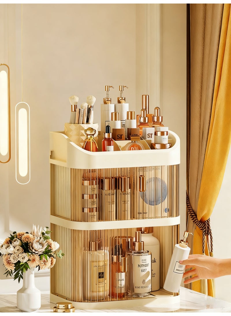 آي هوم شوب صندوق تخزين مستحضرات التجميل ثلاثي الطبقات حقيبة مكياج كبيرة السعة حاوية تخزين مستحضرات التجميل منظم مكتبي ببابين صندوق تخزين متعدد الوظائف كريمي أصفر - Image 1
