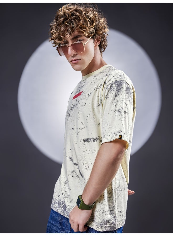 Maniac Maniac Mens Spray Printed Round Neck Half Sleeve Cream Cotton T-Shirt  - Image 4