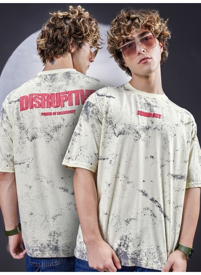 Maniac Maniac Mens Spray Printed Round Neck Half Sleeve Cream Cotton T-Shirt  - Image 1